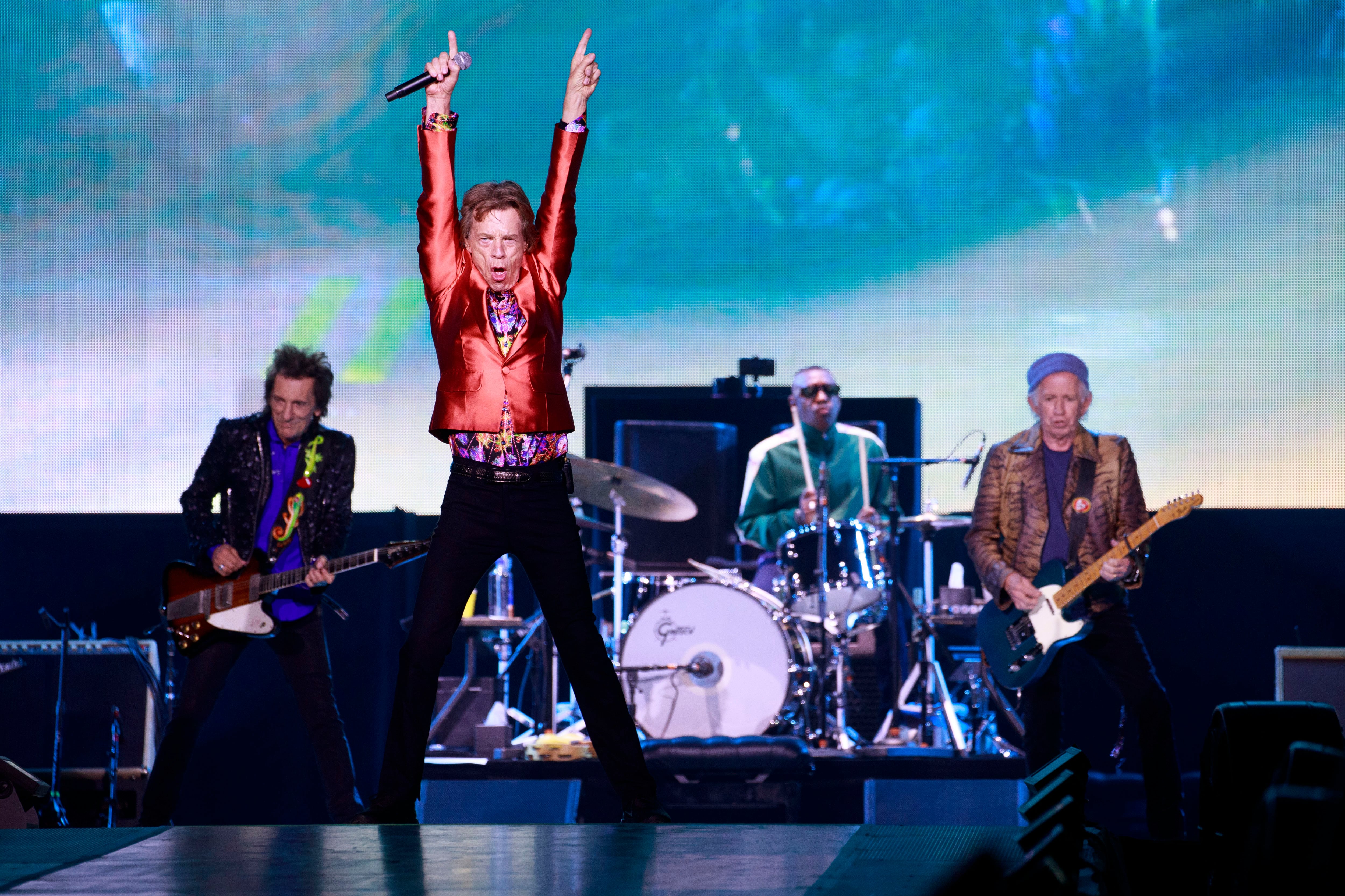 Ronnie Wood, Mick Jagger, Steve Jordan (batería) y Keith Richards, en el concierto de los Rolling Stones del 1 de junio de 2022 en el Metropolitano (Madrid), el último que ofrecieron en España.