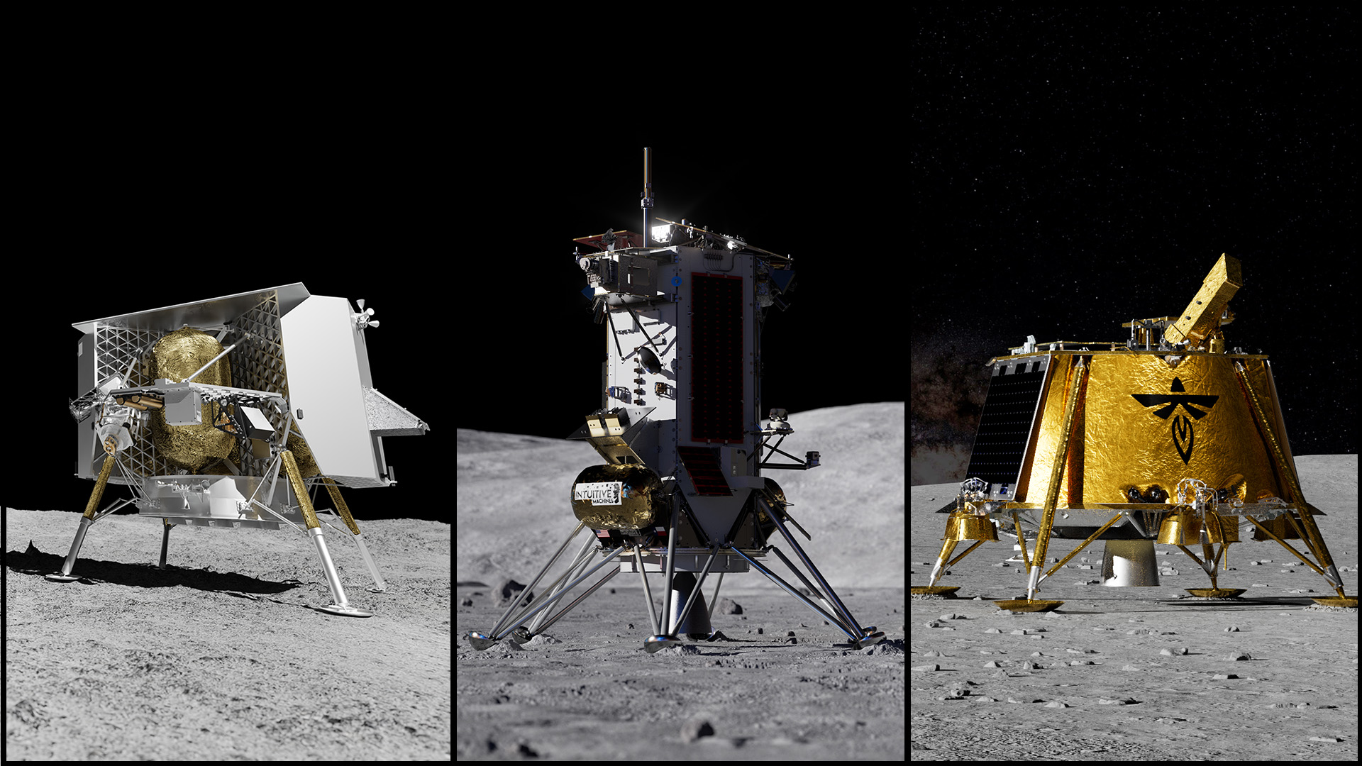 Current image: Tres representaciones digitales muestran módulos de aterrizaje lunar comerciales de Astrobotic, Intuitive Machines y Firefly en la Luna. La NASA anunció el 30 de junio que estos módulos de aterrizaje entregarán más investigaciones científicas y demostraciones tecnológicas de la NASA en la superficie lunar para el programa Base Lunar de la agencia.